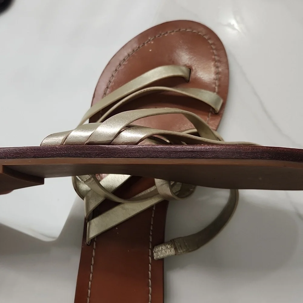 Tory Burch Gold Strappy Leather Sandals with Brown Footbed - Picture 11 of 11